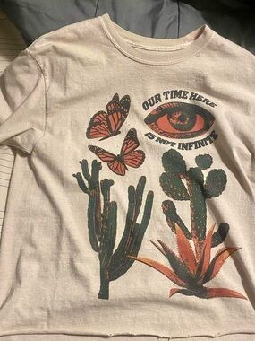 Graphic Short Sleeve Tee with Desert Cactus & Butterfly Print - Cream